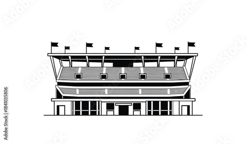 a detailed stylized illustration showcases a large sports stadium with multiple tiers of seating flags and architectural elements presenting a classic design high quality professional