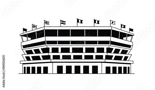 a detailed black and white line drawing depicts a multi tiered stadium structure adorned with several waving flags on top creating a bold silhouette