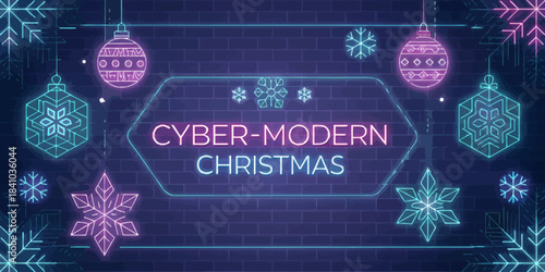 Christmas Futuristic cyber Christmas vector design featuring bright neon lights, abstract geometric forms, and a dynamic feel, ideal for a modern, high-tech holiday celebration.