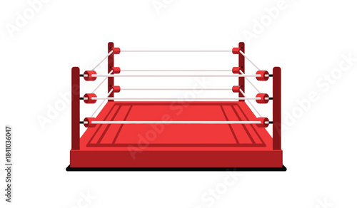 a detailed illustration showcasing an empty boxing ring with red corner posts white ropes and a crimson canvas floor presenting a stark and isolated scene