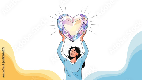 An illustrated woman holds a sparkling geometric diamond heart overhead with closed eyes, concept for customer loyalty, emotional value and luxury branding
