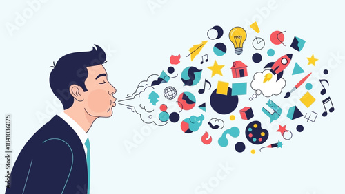 Male business executive blowing a stream of colorful creative icons including a lightbulb, rocket and music notes, concept for innovation, startup development and marketing strategy