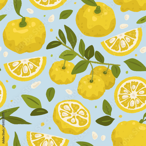 Seamless pattern with cartoon yuzu fruit on blue background. Vector illustration