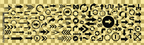 Collection of various black navigation icons on pixelated gold background