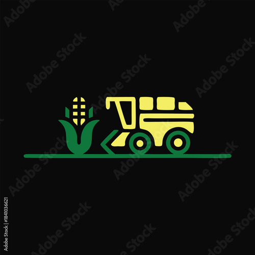 Modern corn harvester working in a field with a single corn stalk