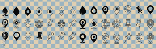 Collection of various black map pin icons on a checkered background