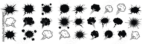 Collection of black splatter and splash elements on isolated