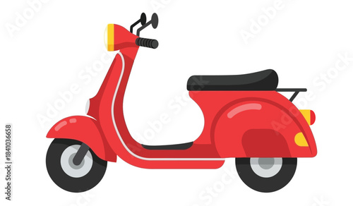 A vibrant illustration depicts a classic red scooter with black seat and tires showcasing a side view of its retro design and charming aesthetic appeal