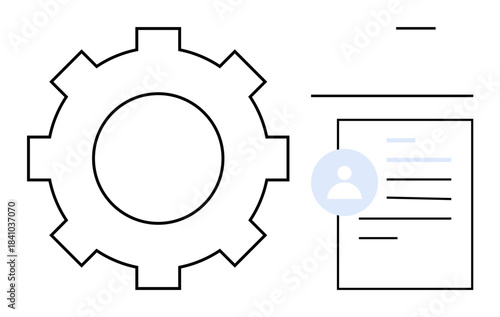 Workflow management, automation, user identity, technical processes, system integration, data handling. Gear symbol, document with user icon. Workflow management and automation concept