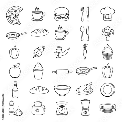 Grocery food and product categories line icon set with items icon set