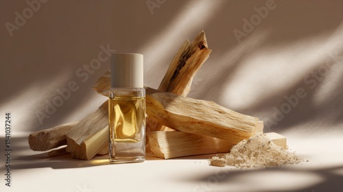 Glass perfume bottle with golden liquid beside Palo Santo wood pieces and powder