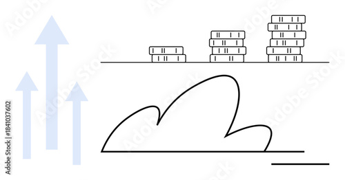 Technology infrastructure, financial growth, data storage, economic progress, business strategy, innovation. Stacks of coins and upward arrows. Technology infrastructure and financial growth concept