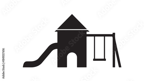 Minimalist black silhouette icon of a playground structure featuring a slide and swing set a simple vector element for web app or park design