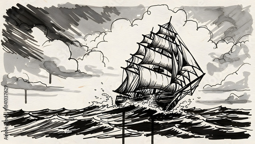 Majestic tall ship navigates treacherous stormy seas under a dark, turbulent sky, a dramatic black and white illustration depicting a powerful maritime adventure and challenge