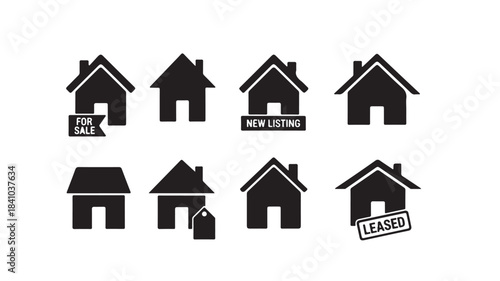 Set of minimalist black house icons illustrating various real estate statuses including for sale new listing and leased suitable for property market applications