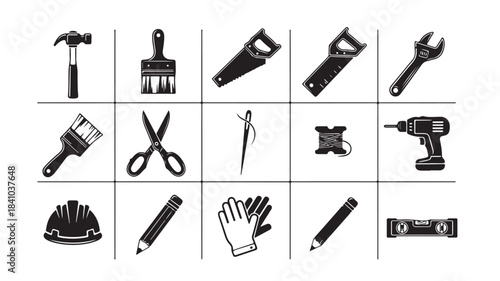 Collection of various construction DIY and craft tools presented as black silhouette vector icons for web and app design isolated on white background