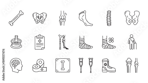 Collection of orthopedic and injury line art icons minimalist vector design for medical apps and healthcare websites