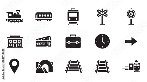 Collection of minimalist train and railway travel icons featuring black glyph silhouettes for transportation apps web elements and infographics