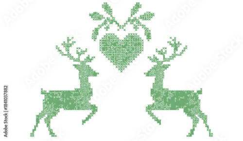 a charming pixelated graphic depicts two facing reindeer flanking a central heart adorned with leafy sprigs creating a festive and heartwarming visual design high quality