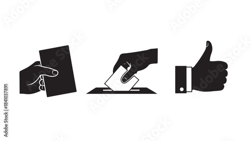 Set of black silhouette icons depicting the voting process ballot casting and approval gesture ideal for political campaigns social media and democratic themes