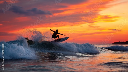Fototapeta Naklejka Na Ścianę i Meble -  Surfer silhouette riding ocean wave against vibrant orange and red sunset sky