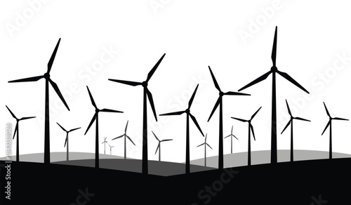 a minimalist illustration depicts a field of wind turbines silhouetted against a light background emphasizing renewable energy and sustainable power generation concepts high quality professional