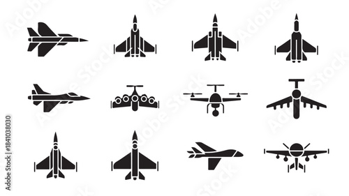 Collection of military aircraft icons featuring fighter jets drones and other advanced aviation silhouettes in a flat vector design perfect for technology and defense projects