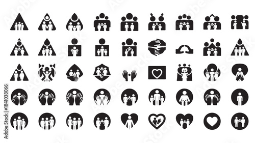 Large set of minimalist people and community icons featuring flat glyph designs for social networking team building and human resources concepts isolated on white background