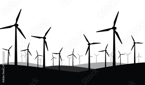 a minimalistic illustration depicts a field of wind turbines silhouetted against a bright cloudy sky representing renewable energy and sustainable power generation in a rural