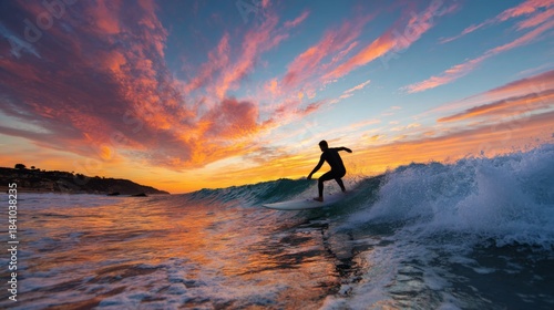 Fototapeta Naklejka Na Ścianę i Meble -  Surfer silhouette rides wave against a vibrant orange and pink sunset sky