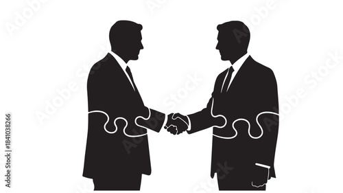Two business people shaking hands depicted as interlocking jigsaw puzzle pieces illustrating partnership agreement and successful collaboration on a white background