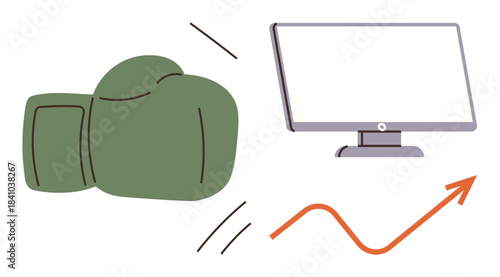 Green boxing glove hitting computer monitor, curved upward arrow. Ideal for competition, technology challenges, business growth, determination, innovation, digital success motivation. Simple flat