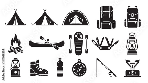 Set of minimalist camping and outdoor adventure icons black silhouette vector elements for web mobile apps and graphic design projects