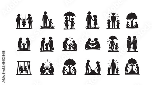 Diverse collection of family and children silhouettes showcasing parental care and childhood moments suitable for web design educational content and social themes.