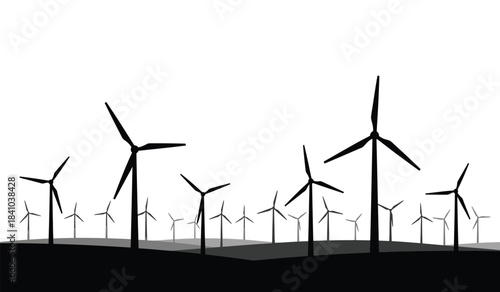a minimalist depiction of a wind farm with multiple turbines silhouetted against a stark white background showcasing renewable energy sources and sustainable power generation
