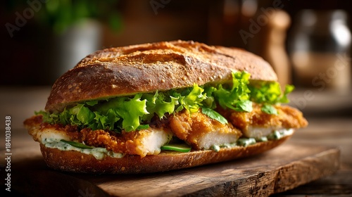 Crispy Chicken Schnitzel Sandwich on a Baguette with Fresh Lettuce and Mayonnaise Sauce