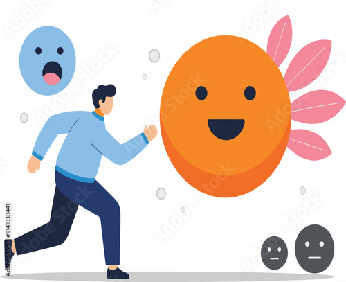 Man Running Towards Giant Happy Emoji Flat Vector Illustration for Chasing Happiness Positive Focus Mental Health and Goal Achievement.