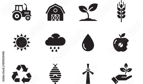 Set of agriculture and farming icons featuring essential elements like a tractor barn and plant perfect for environmental and sustainable design projects