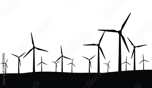 a minimalist illustration depicts a field of silhouetted wind turbines against a stark white background representing sustainable energy and renewable resources in a clean design