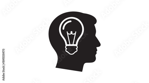 Minimalist black silhouette of a human head with a lightbulb icon symbolizing a new idea creativity and problem-solving concept isolated on white