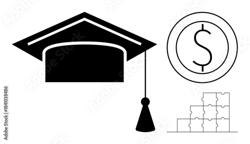 Education finance concept. Graduation cap with dollar symbol and puzzle pieces funding education. Education finance for student loans, savings, scholarships, and academic success. higher education