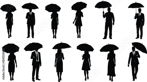 Black Silhouette Set of Twelve People Walking with Umbrellas, Including Business Men and Women, Vector Illustration for Rain, Weather, Safety, and Business Protection