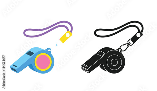 a simple illustration depicts two different renderings of a referee whistle with a lanyard showcasing a color version and a monochrome silhouette high quality professional
