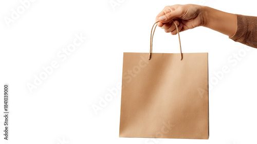 Woman hand holding a paper shopping bag isolated on transparent background high resolution PNG style perfect for ecommerce product mockups retail branding design and digital cutout projects