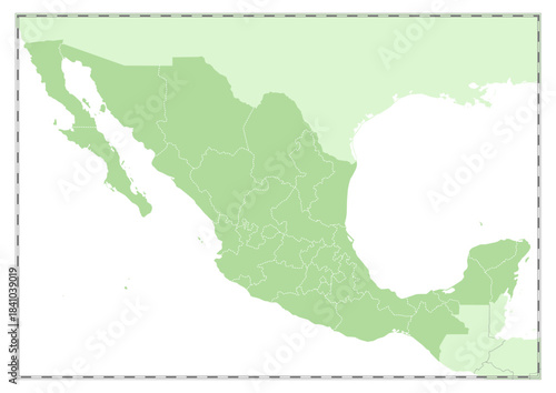 額縁入りの「メキシコ」の白地図。緑色の濃淡で描いた、世界の国の白地図シリーズ。A framed blank map of Mexico. Part of the blank maps of countries around the world series, drawn in shades of green.