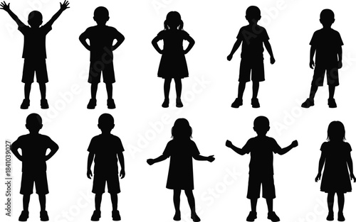 Diverse Group of Happy Children Silhouettes Set, Vector Kids Standing in Various Poses, Boys and Girls Isolated on White Background for Youth Education and Play Concept. (24 words)