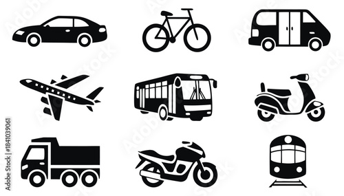 Transportation icons set car bicycle van airplane bus scooter truck motorcycle train