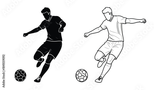 a dynamic illustration depicts two soccer players in contrasting styles one as a solid black silhouette and the other as a white outline alongside soccer