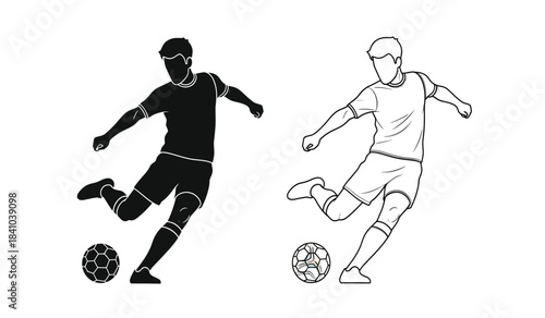 a detailed depiction of two soccer players in action one in solid black and the other in a white outline alongside a soccer ball