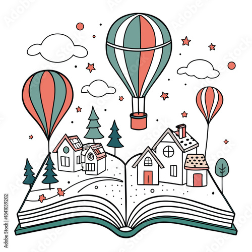 A whimsical illustration of hot air balloons over a storybook village